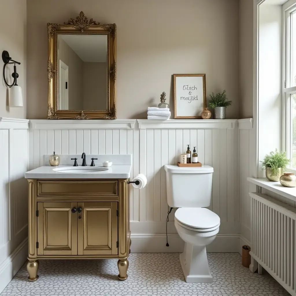 a photo of a vintage bathroom showcasing metallic accents and classic decor