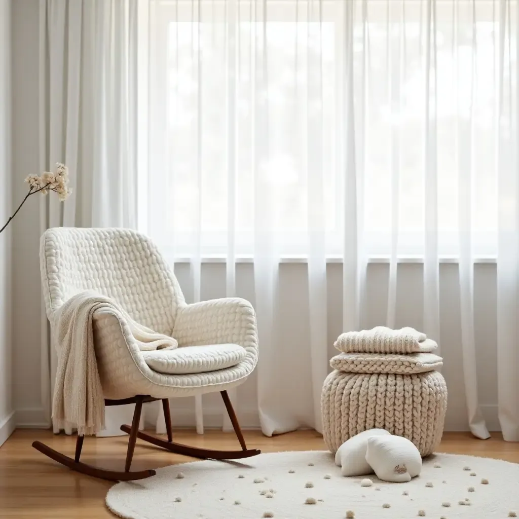 a photo of a serene nursery with a rocking chair and knitted blankets