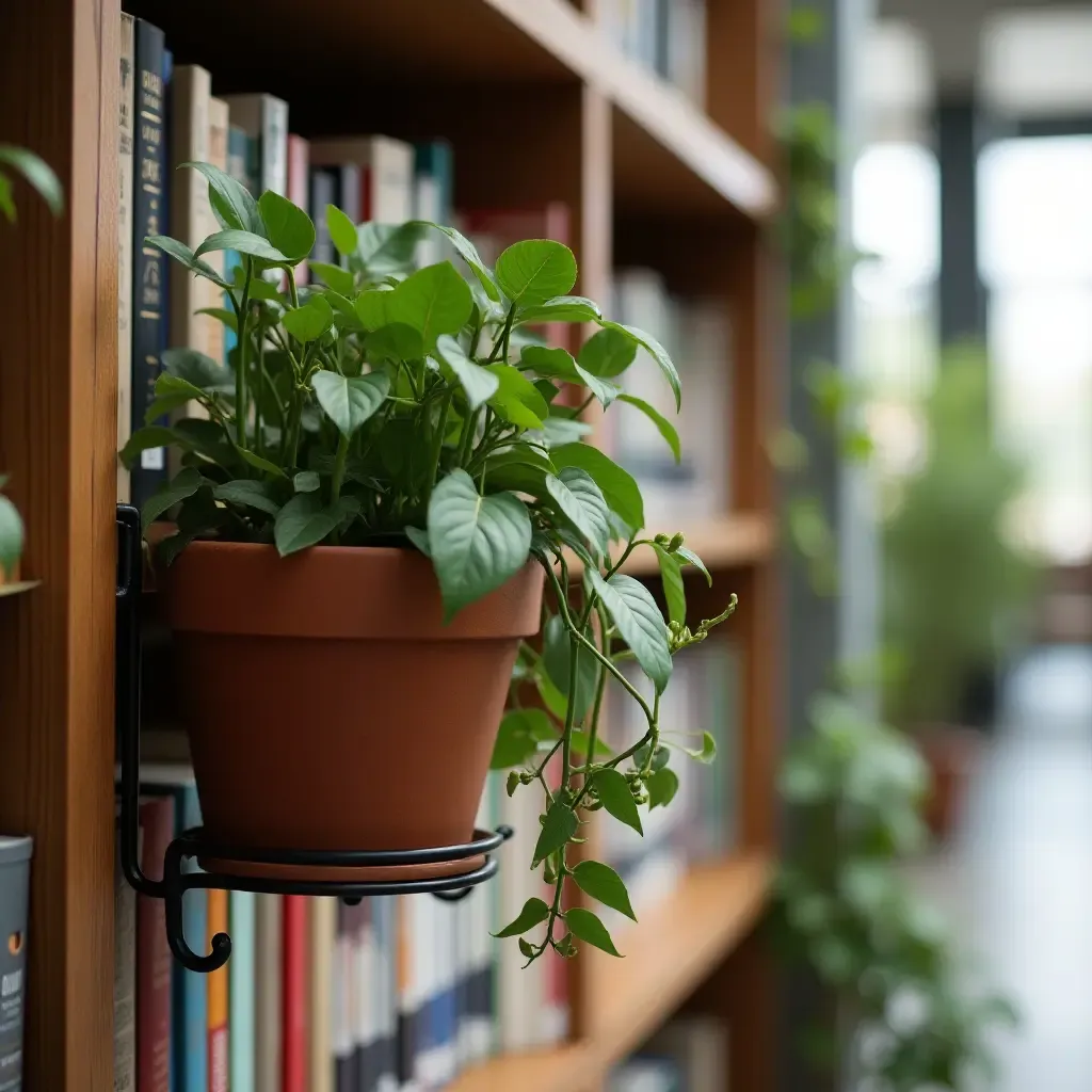 a photo of a library with a wall-mounted plant holder