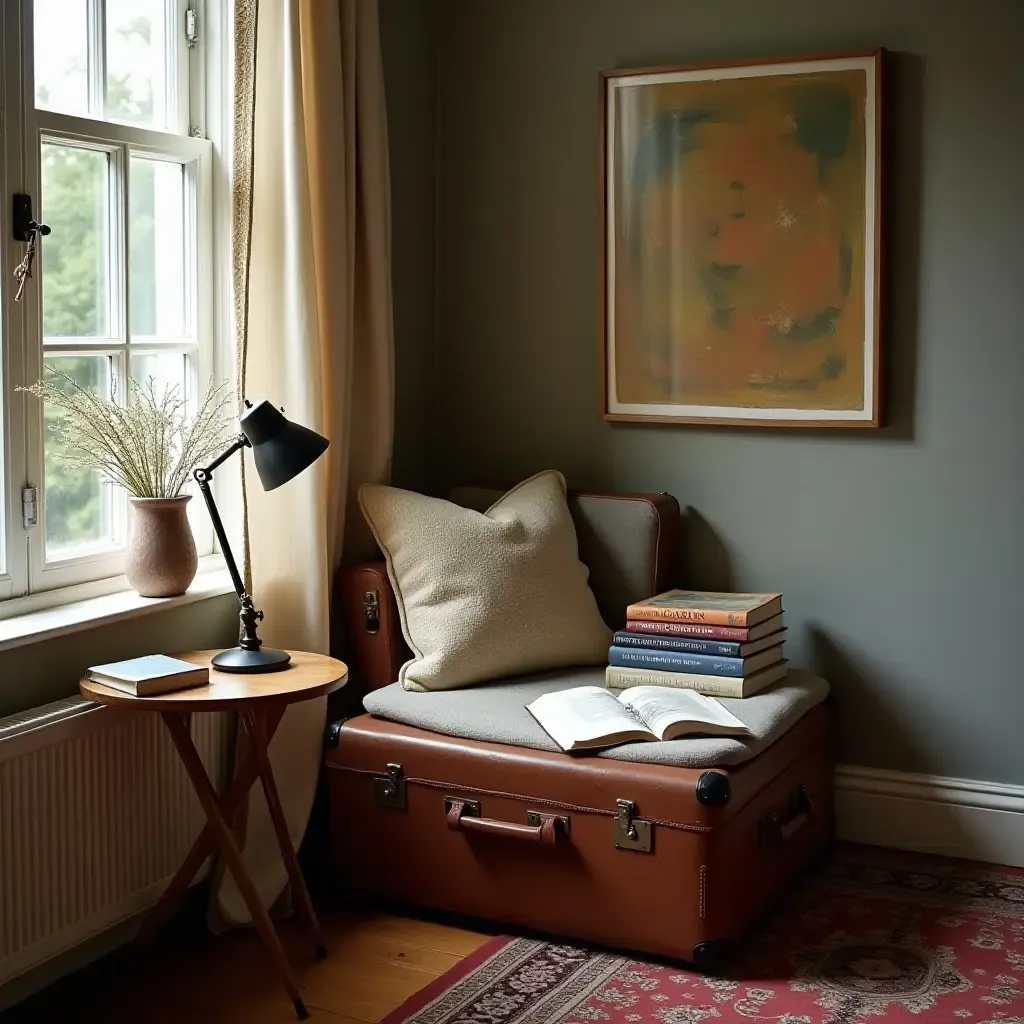 a photo of a reading nook with a vintage suitcase as a table