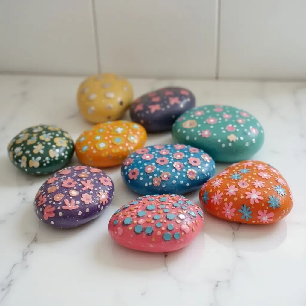 a photo of colorful painted rocks used as bathroom decor