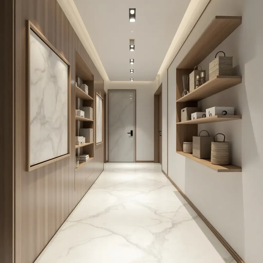 a photo of a stylish corridor with wall-mounted shelves and decorative bins