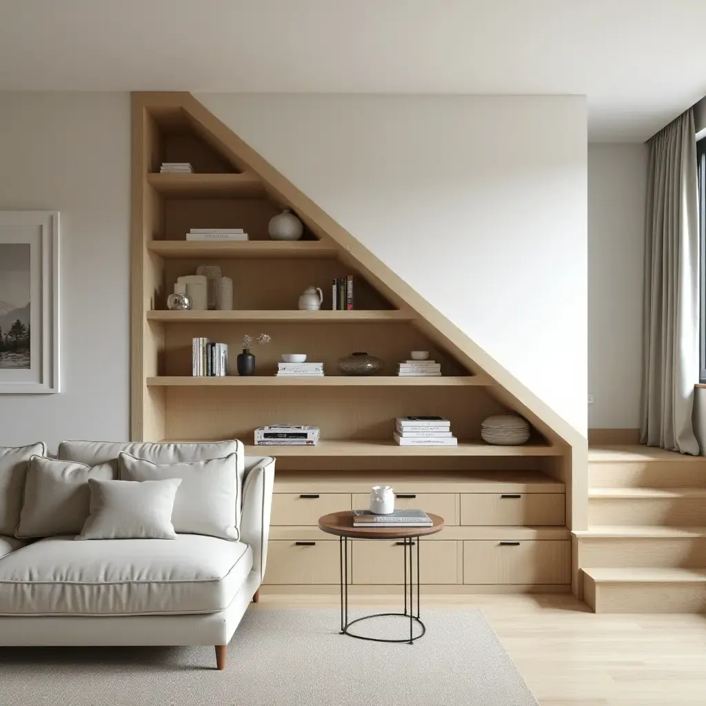 a photo of a living room with a creative under-stair storage solution