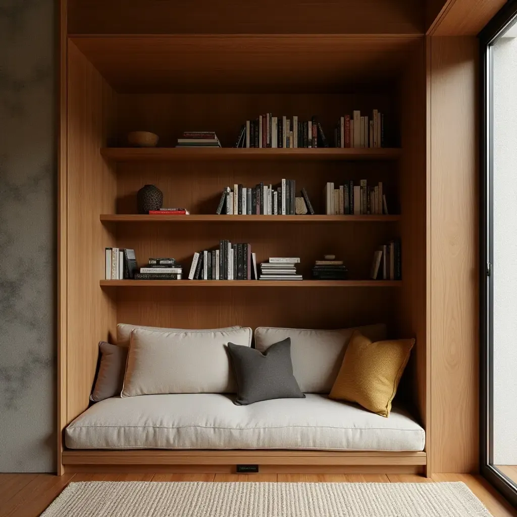 a photo of a library nook with layered textures of wood and fabric