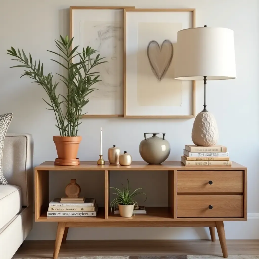 a photo of a stylish boho-inspired side table with decorative items