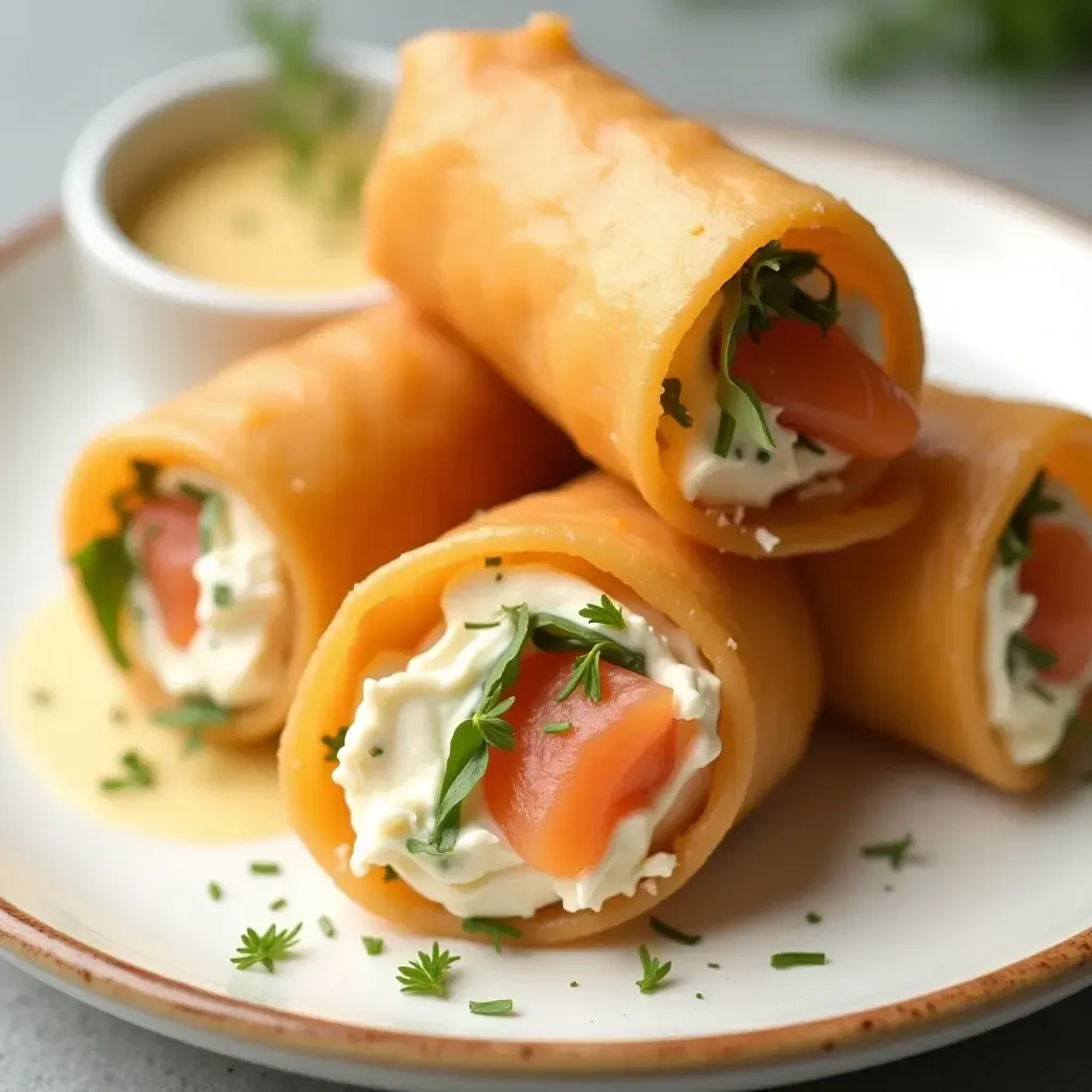 a photo of spring rolls stuffed with smoked salmon, cream cheese, and dill, paired with lemon aioli.