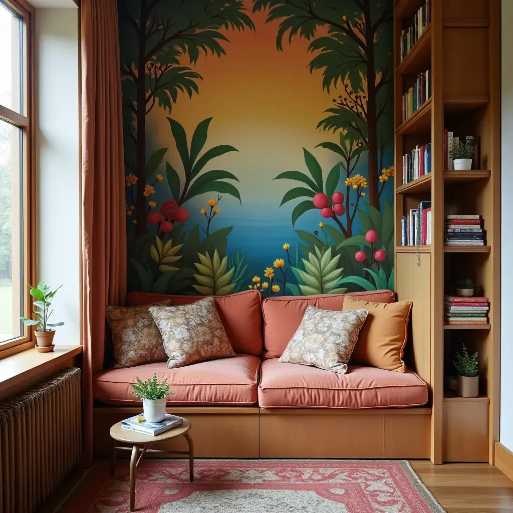 a photo of a reading nook with a colorful mural or wallpaper