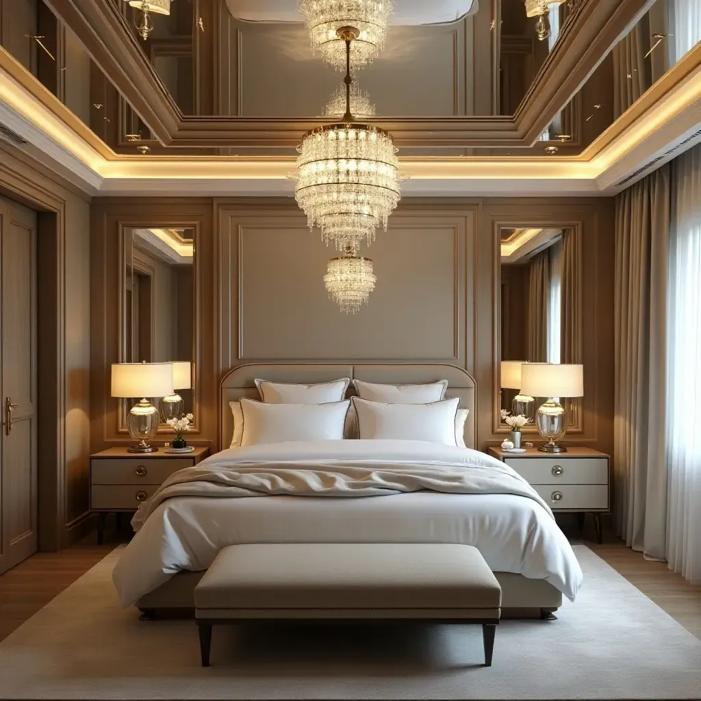 a photo of a luxurious bedroom with a mirrored ceiling and chandeliers