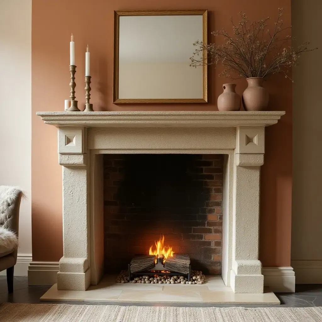 a photo of a fireplace mantel with layered textures and warm colors