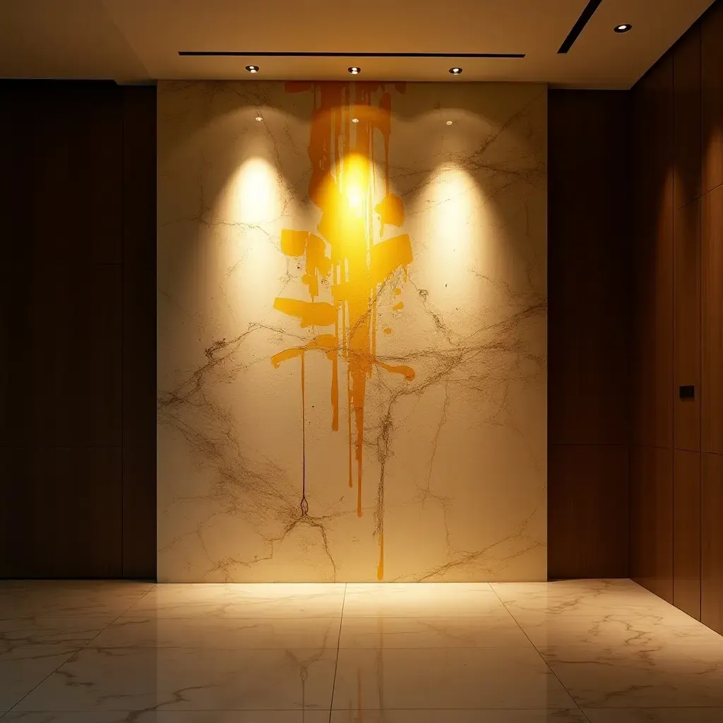 a photo of artistic wall art illuminated by spotlights in a foyer