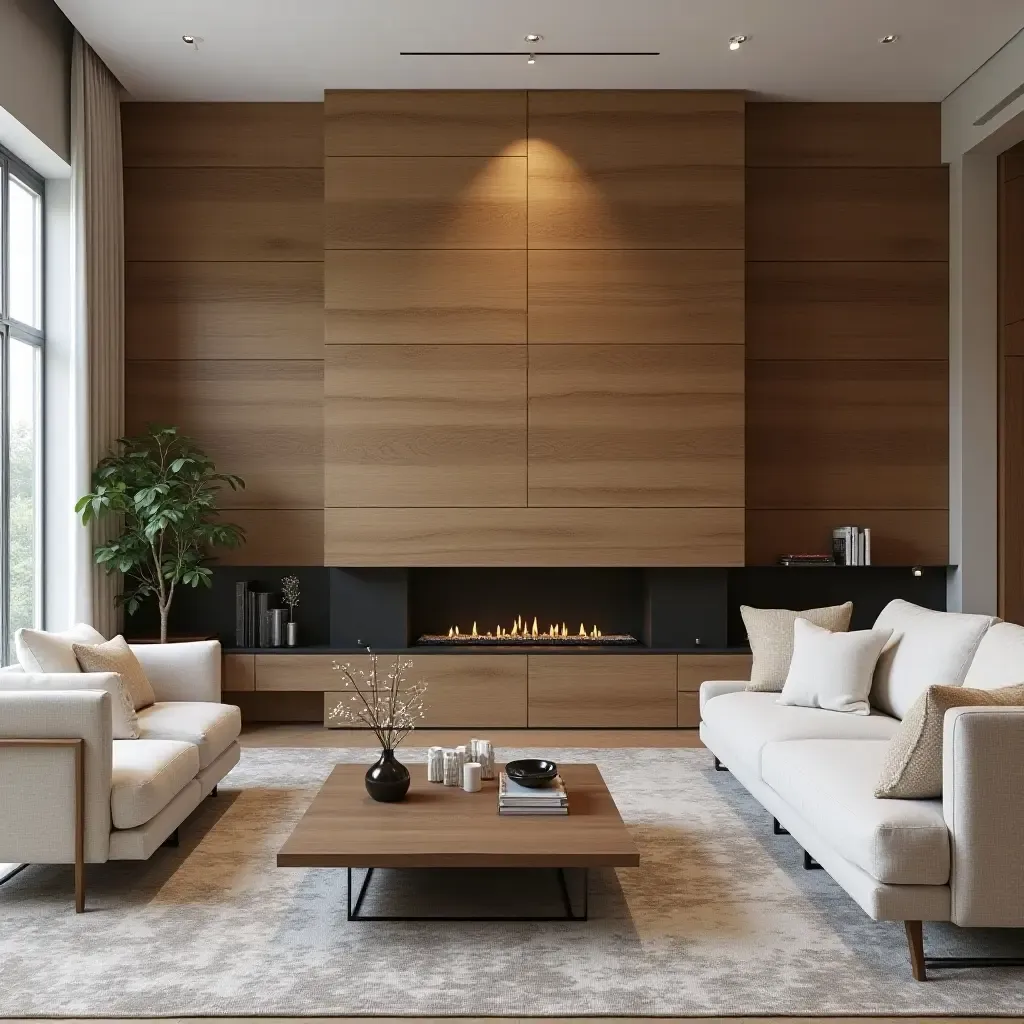 a photo of a cozy living room featuring a rustic wood panel accent wall