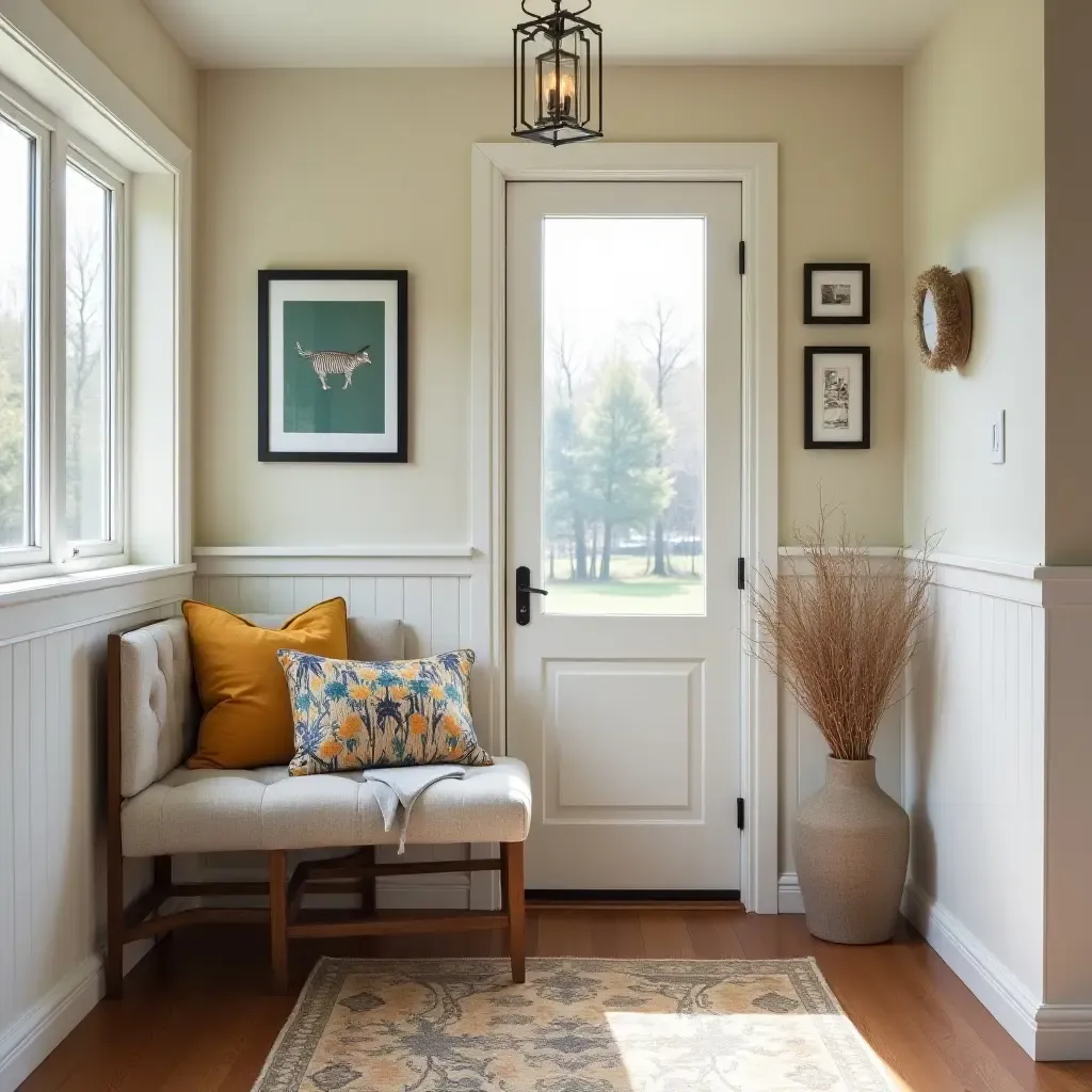 a photo of a cozy entrance hall with a bench and vibrant throw pillows