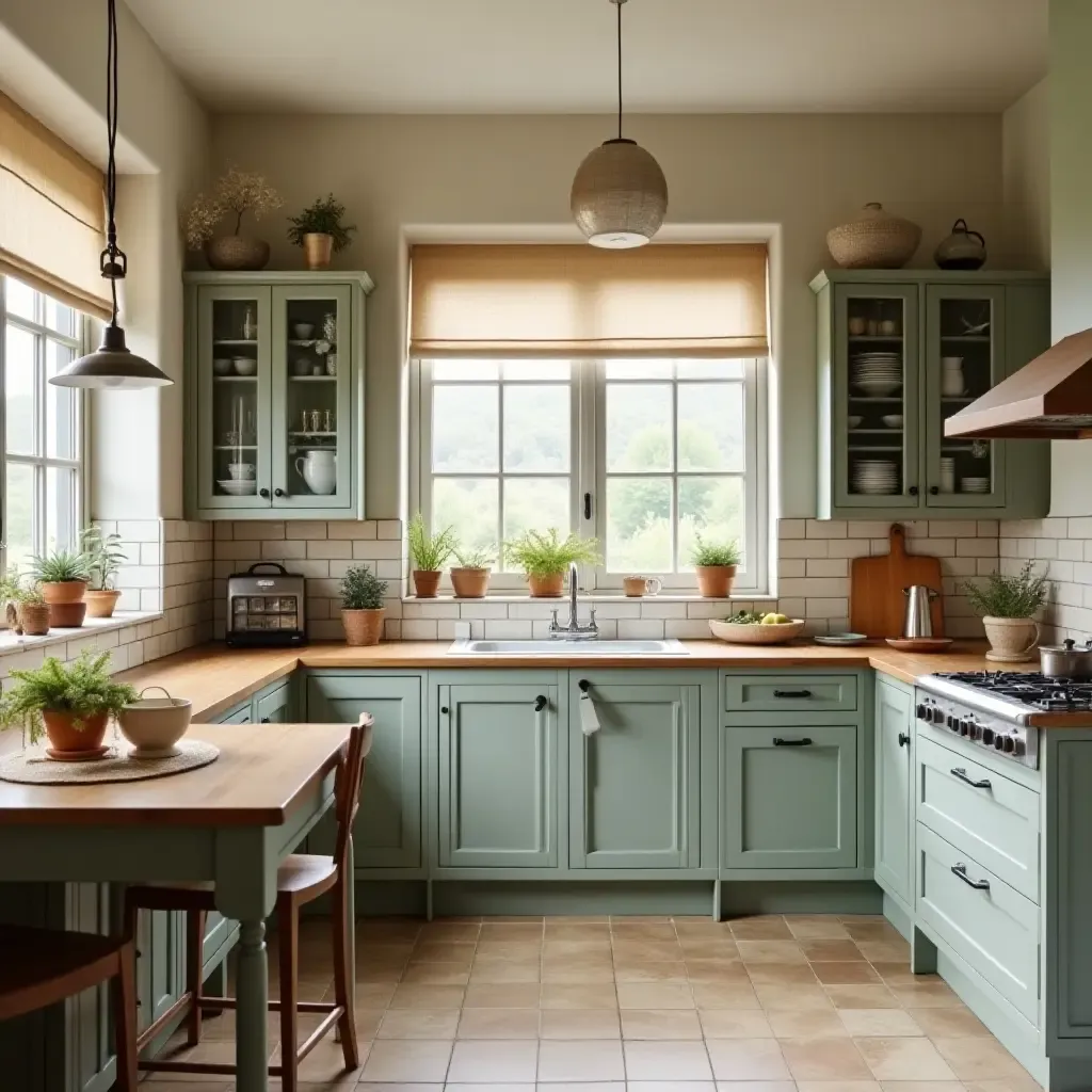 a photo of a cozy kitchen with a vintage-inspired color palette