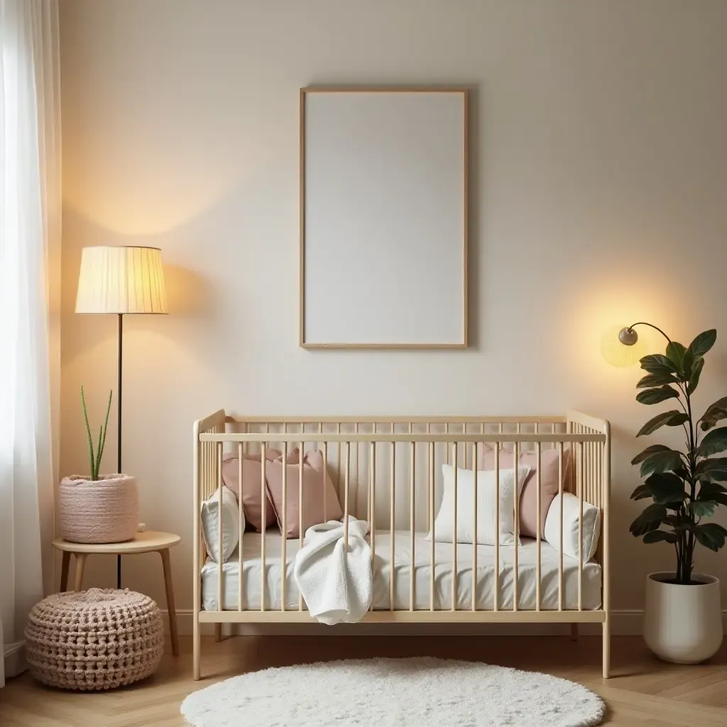 a photo of a modern nursery accented with retro lamps