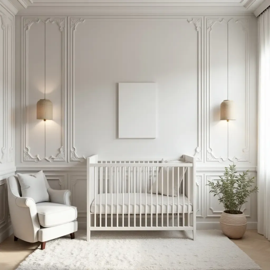 a photo of a contemporary nursery with marble accents and stylish lighting