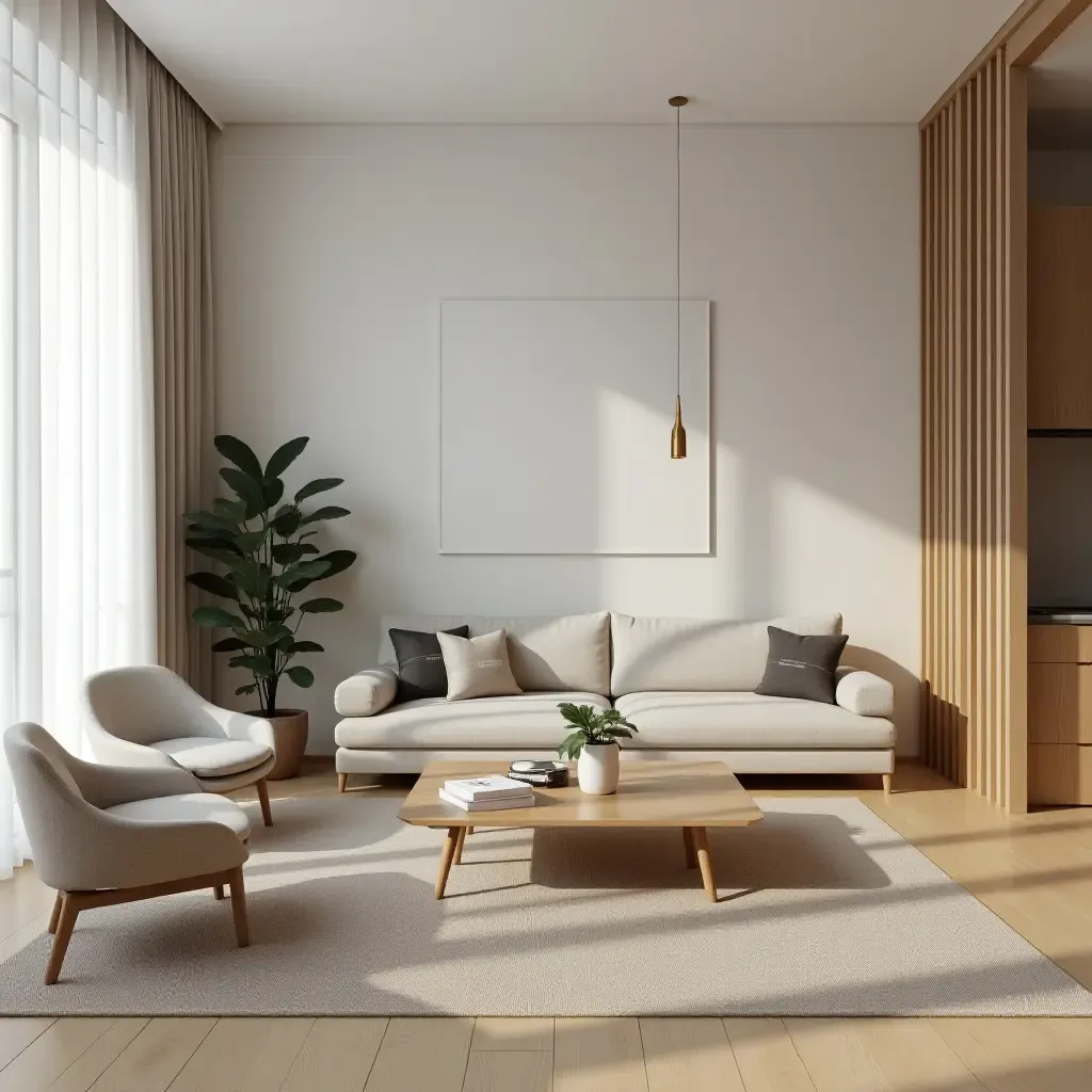 a photo of a minimalist living room layout with multifunctional furniture