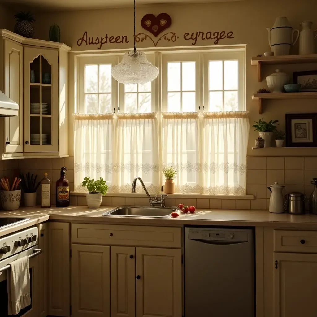 a photo of a quaint kitchen with lace curtains and sunlit windows