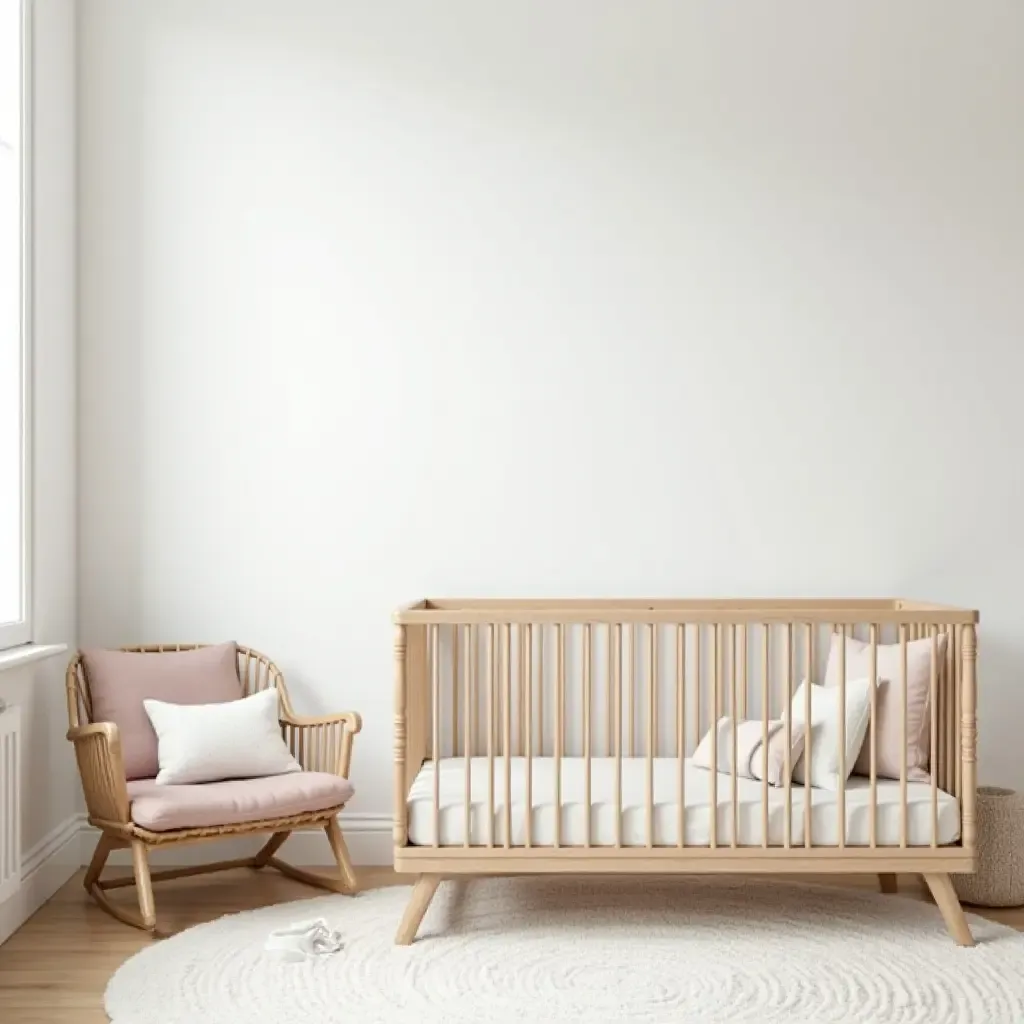 a photo of a Scandinavian-inspired nursery with white walls and natural wood furniture