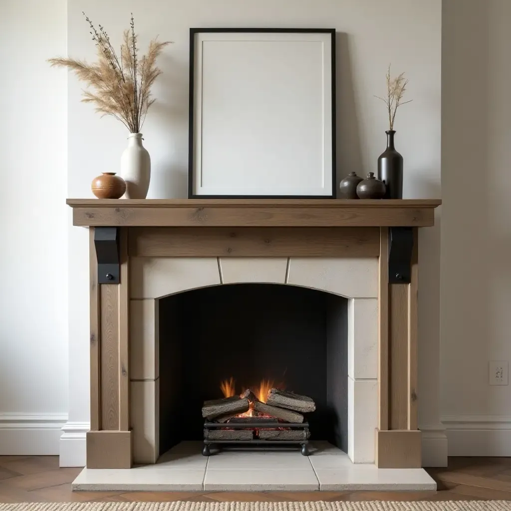 a photo of an industrial-style fireplace mantel with metal accents