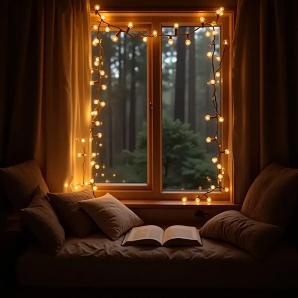 a photo of a cozy reading nook with fairy lights