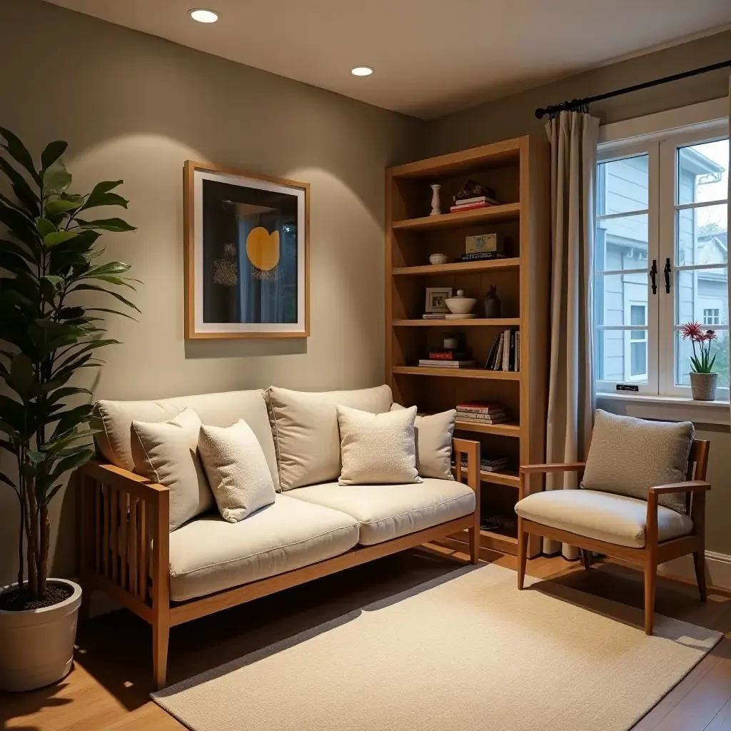 a photo of a basement craft corner with a cozy seating area