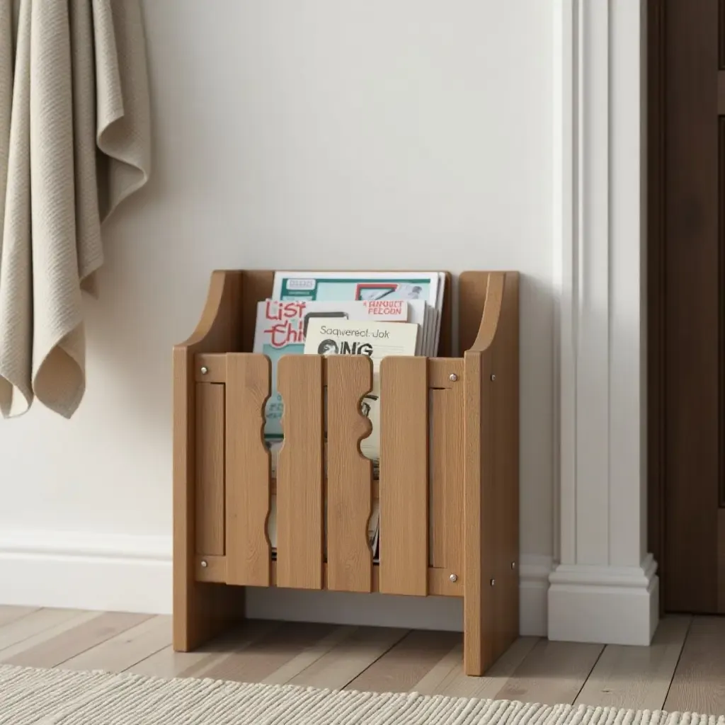 a photo of a wooden magazine rack by the entrance