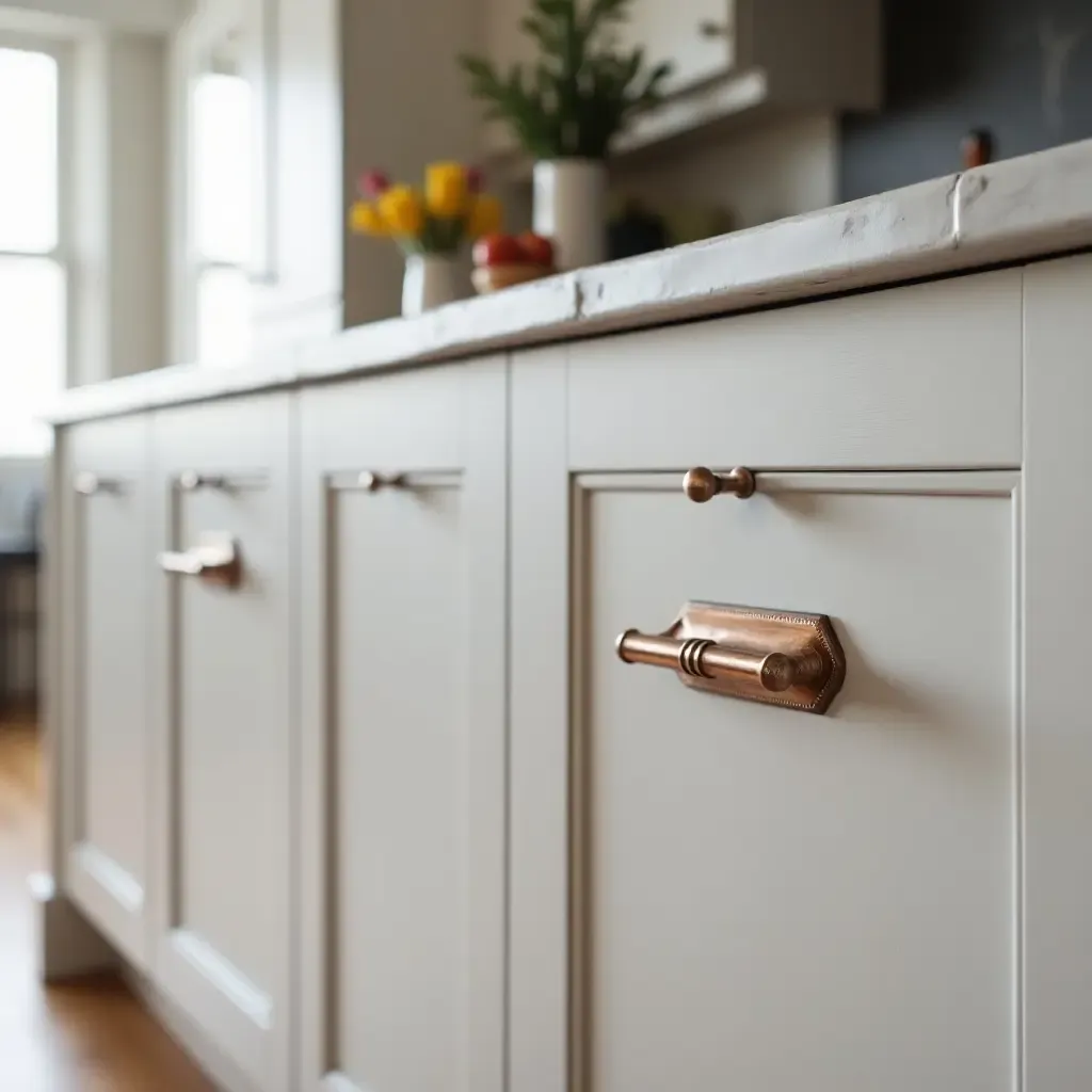 a photo of elegant copper cabinet handles in a chic kitchen