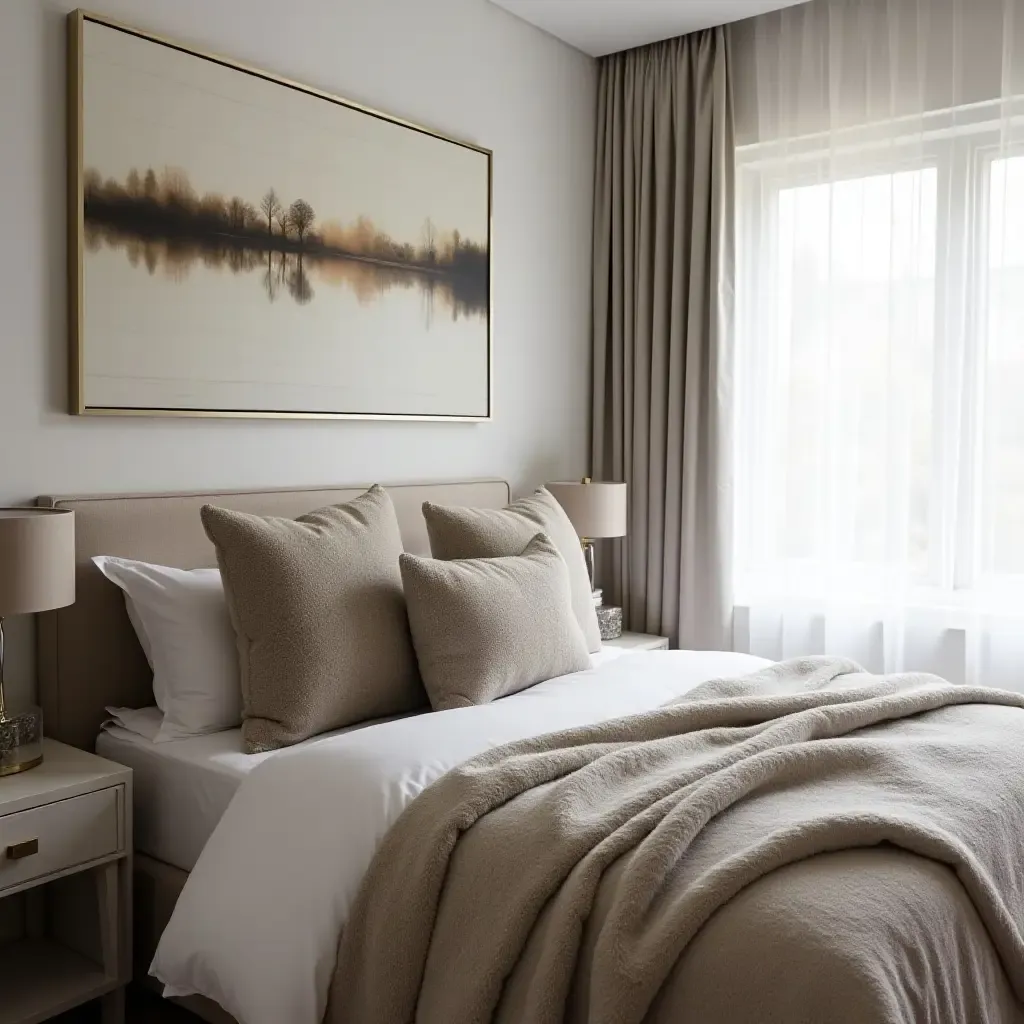 a photo of a modern bedroom showcasing oversized throw pillows