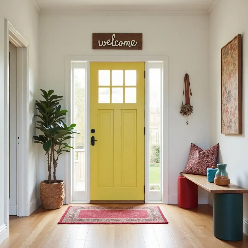 a photo of an entrance hall featuring a playful welcome sign and colorful accents