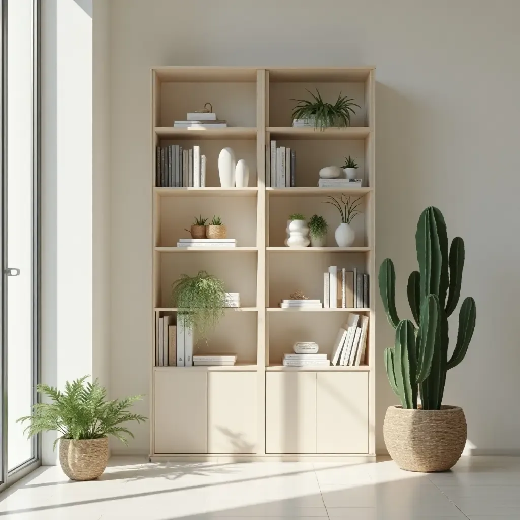 a photo of a minimalist library with cacti decor