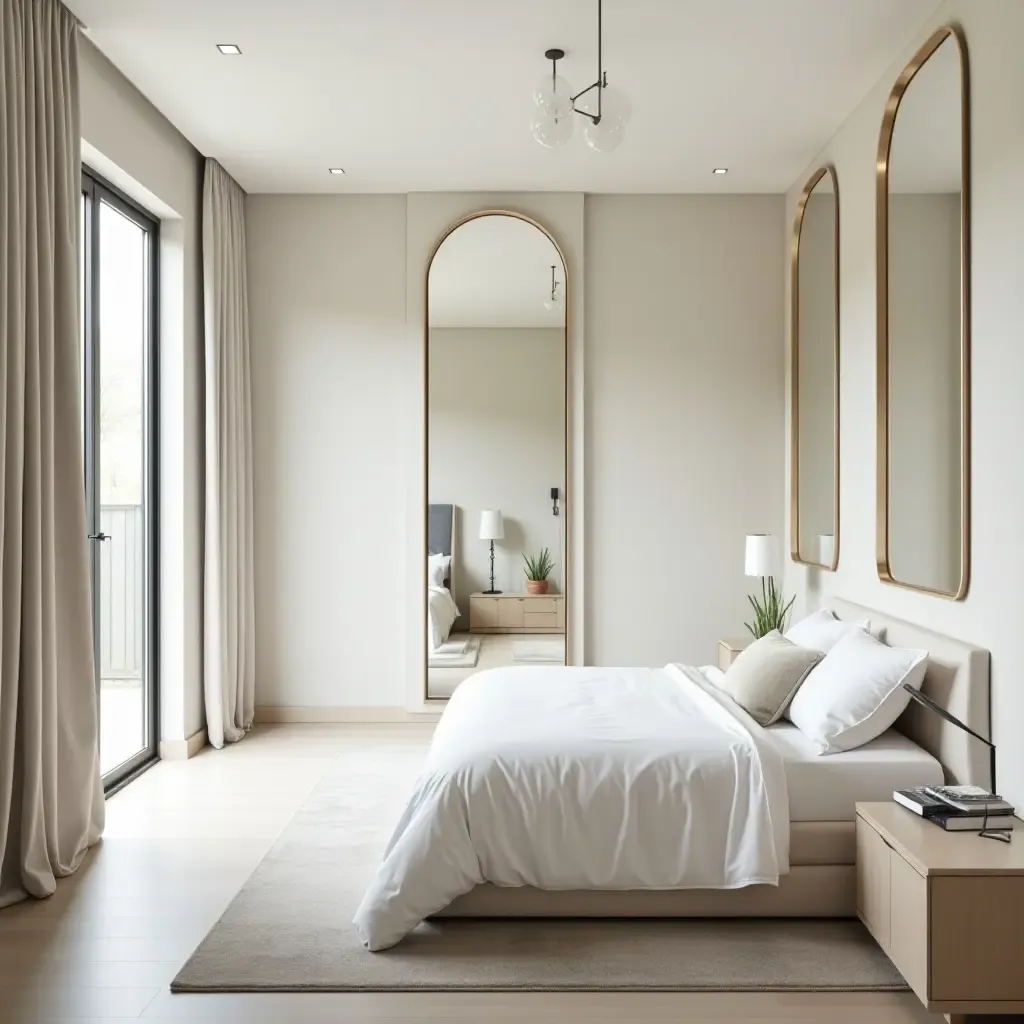 a photo of a spacious bedroom with mirrors framing windows for light