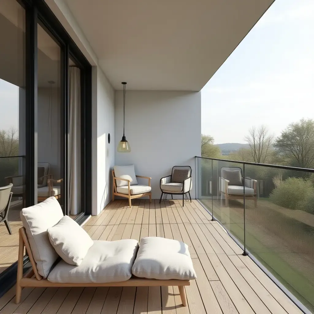 a photo of a chic balcony featuring Scandinavian design elements like clean lines and open spaces