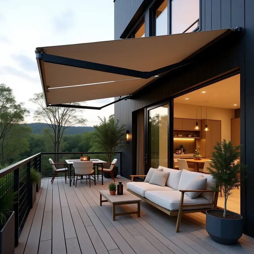 a photo of a balcony with a retractable awning and cozy seating