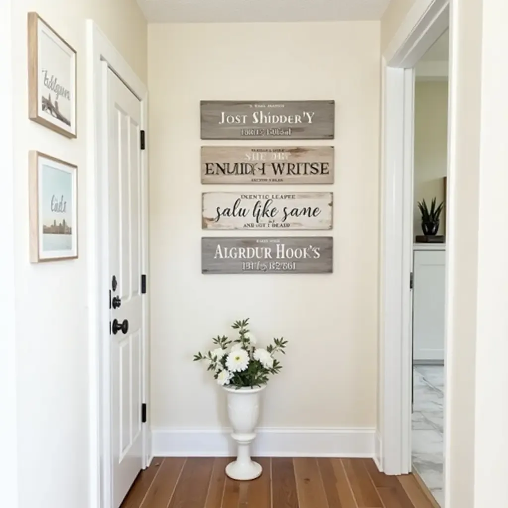 a photo of distressed wood signs with farmhouse sayings in a hallway