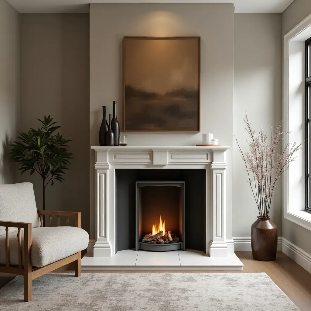 a photo of a cozy fireplace with modern design elements in a living room