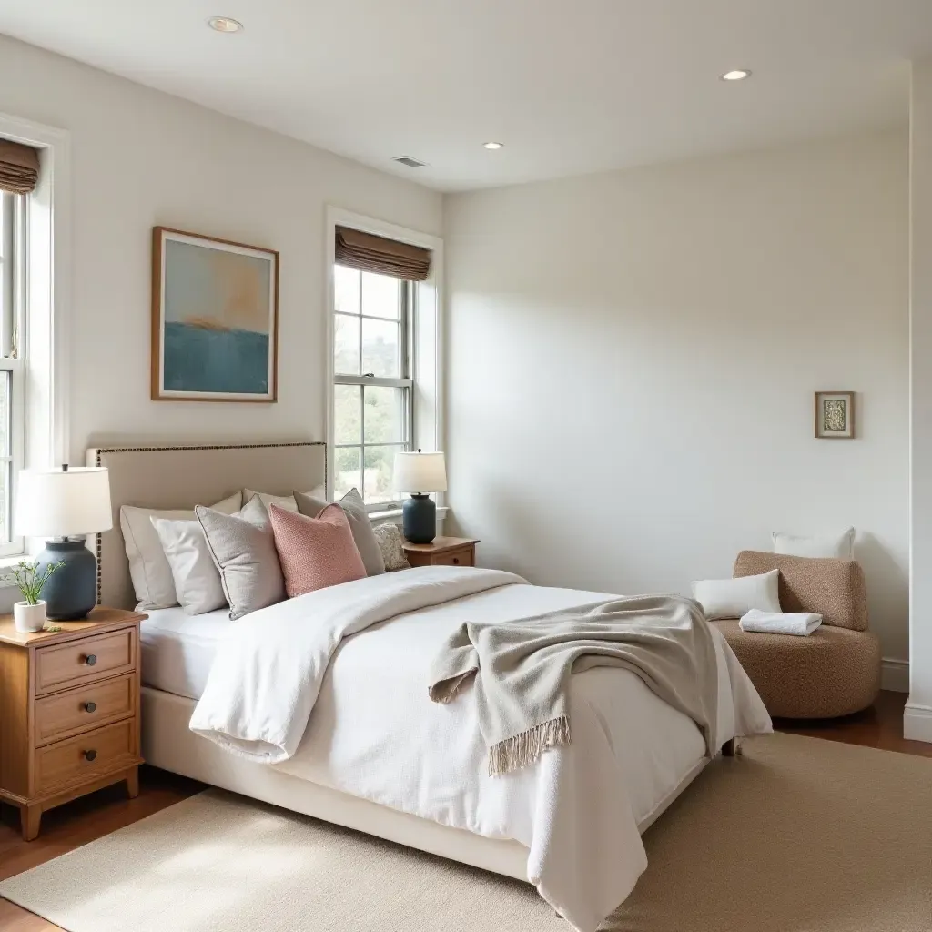 a photo of a welcoming basement guest room with airy textiles and decor