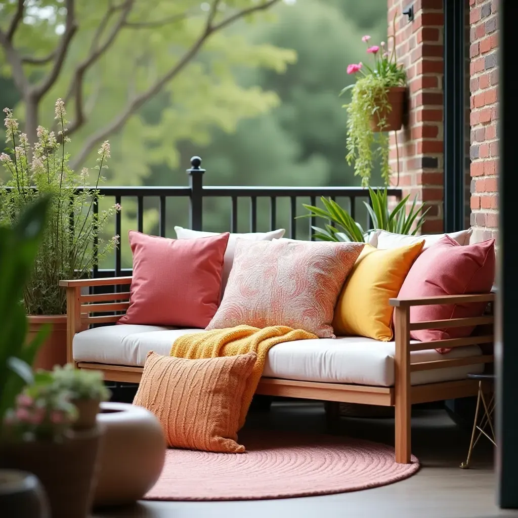 a photo of a cozy balcony with colorful throw pillows