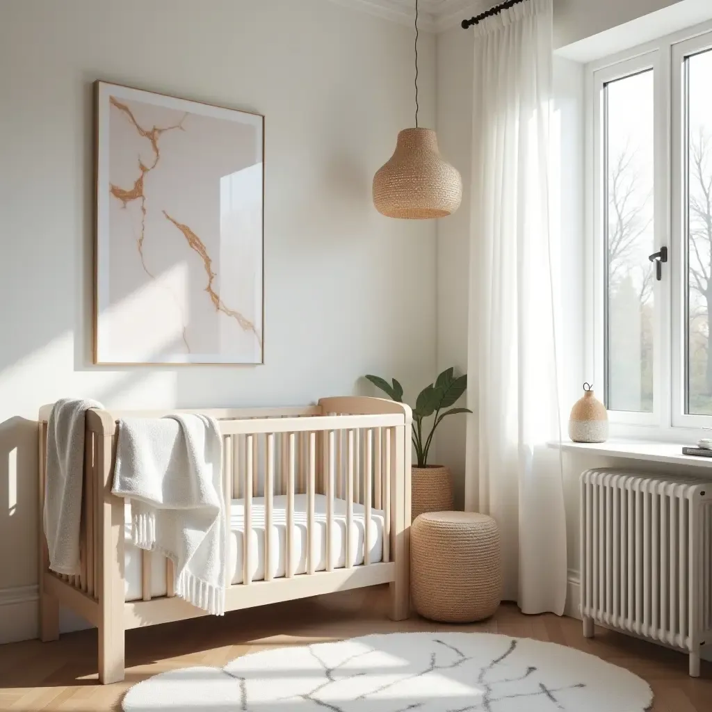 a photo of a cozy nursery corner with marble decor and natural light