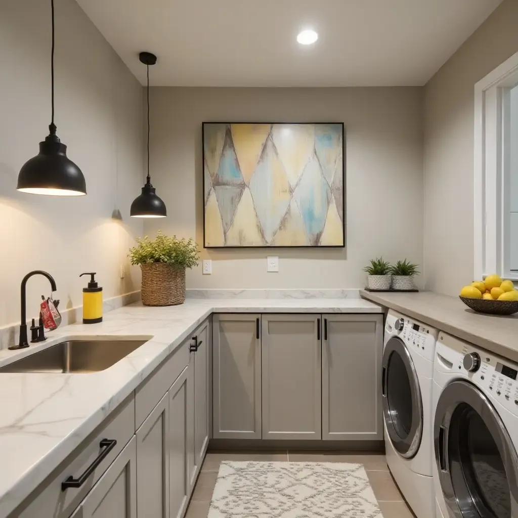 a photo of a stylish basement laundry room with pendant lights