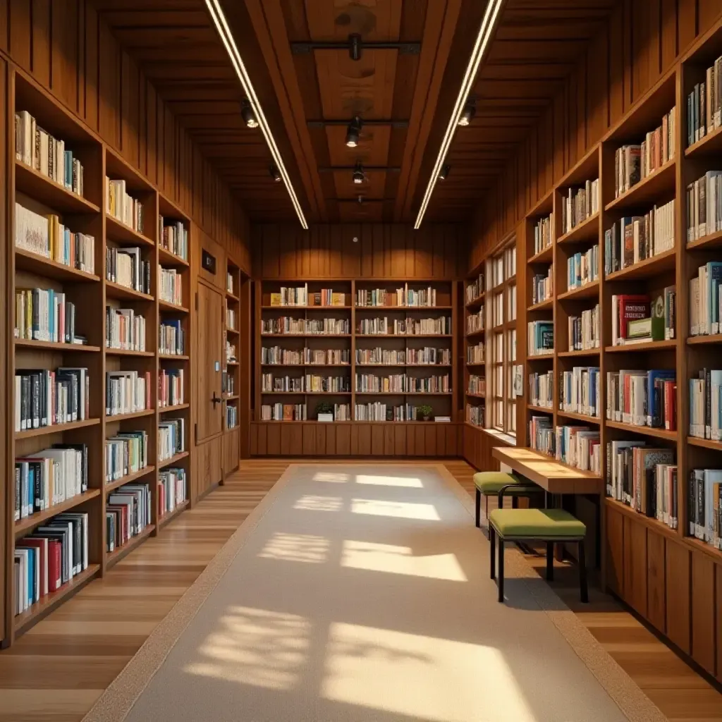 a photo of a library with wooden accents and a welcoming atmosphere