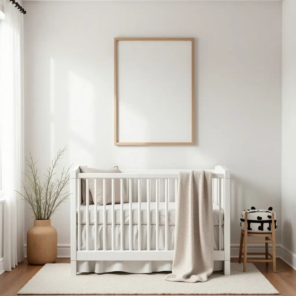 a photo of a serene nursery with farmhouse decor and natural wood accents