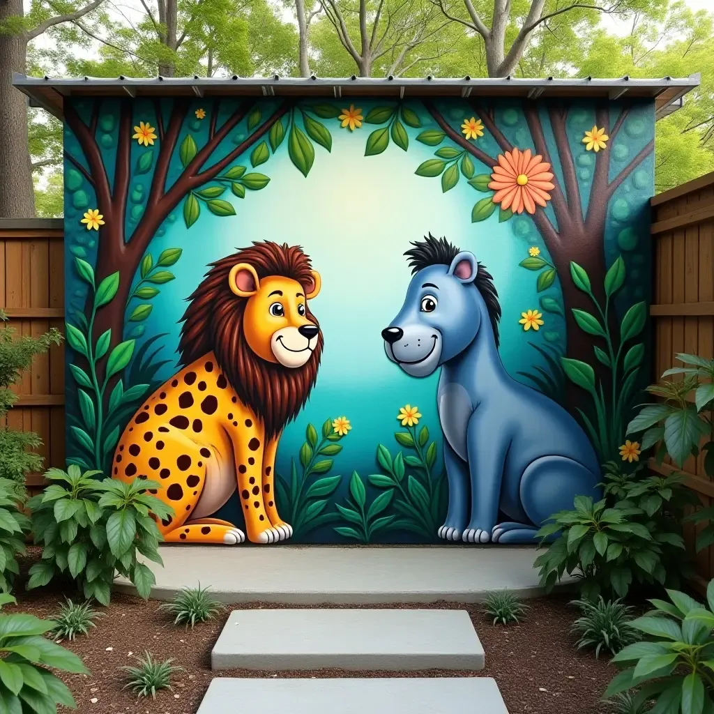 a photo of a mural with a jungle theme in a backyard