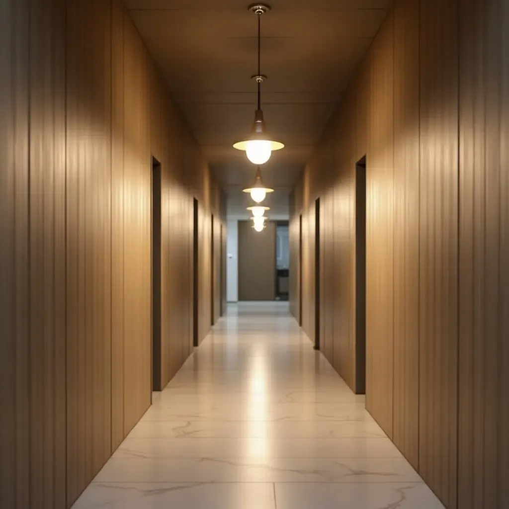 a photo of a corridor with pendant lights designed for energy efficiency