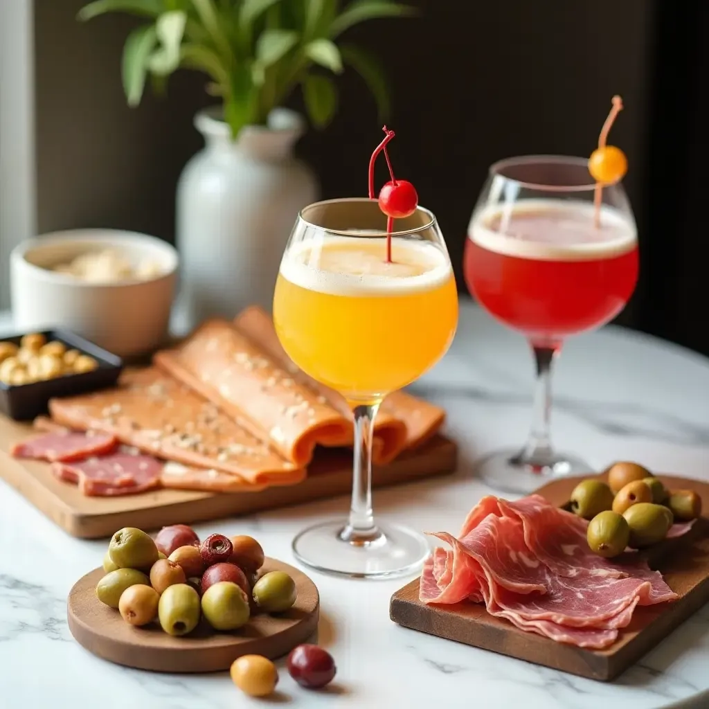 a photo of a colorful aperitivo spread featuring unique Italian cocktails, olives, and charcuterie on a marble counter.