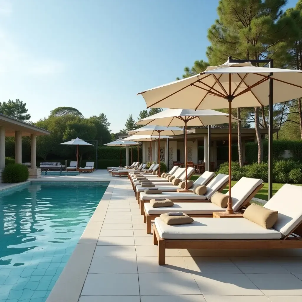 a photo of a luxurious poolside lounge with elegant cushions and stylish umbrellas