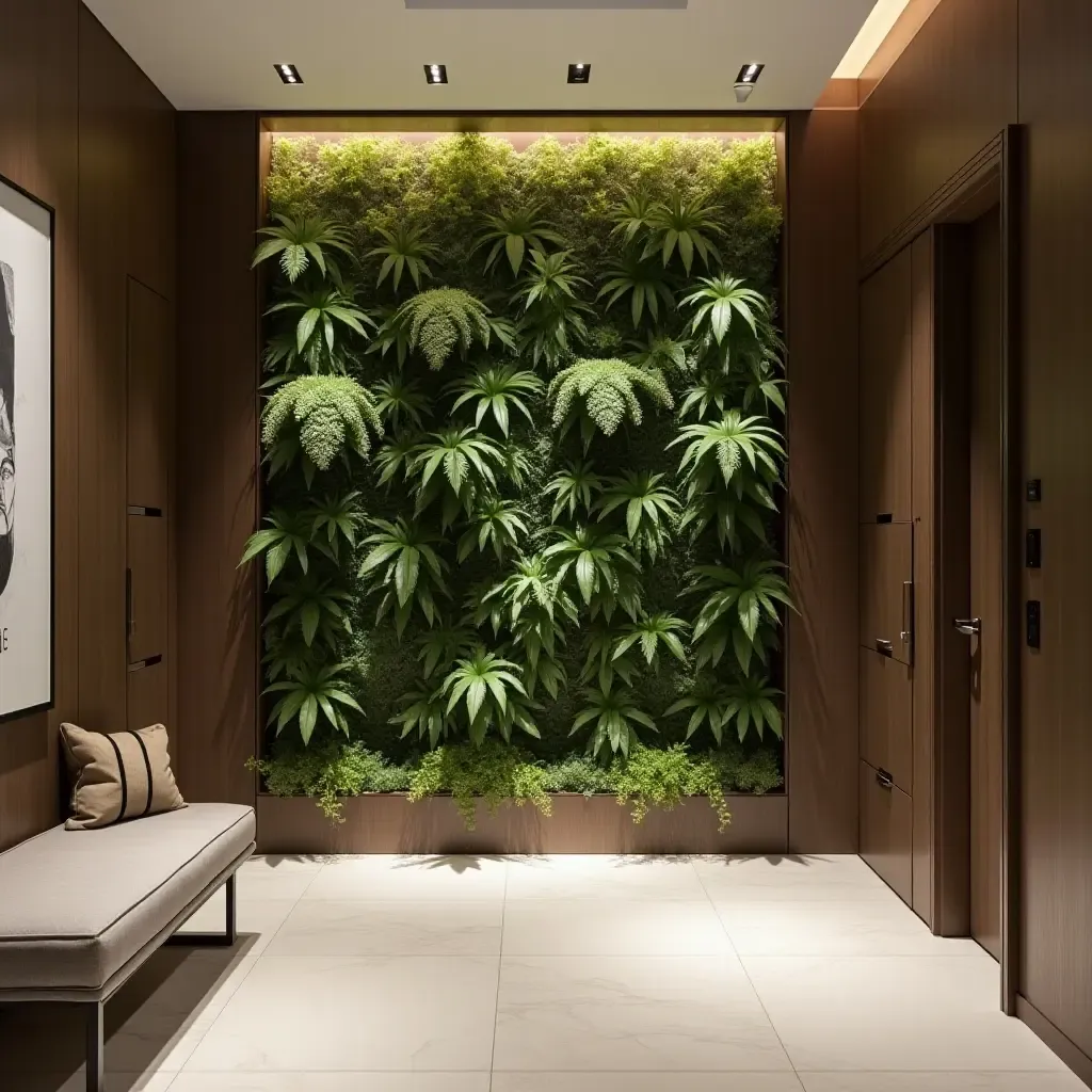 a photo of a modern foyer with a sleek plant wall divider