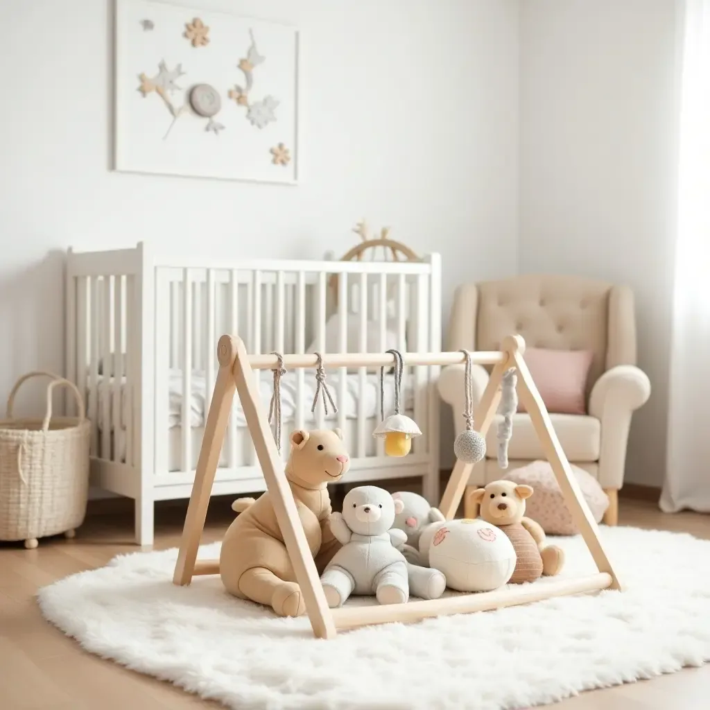 a photo of a nursery featuring a wooden play gym and soft, organic toys