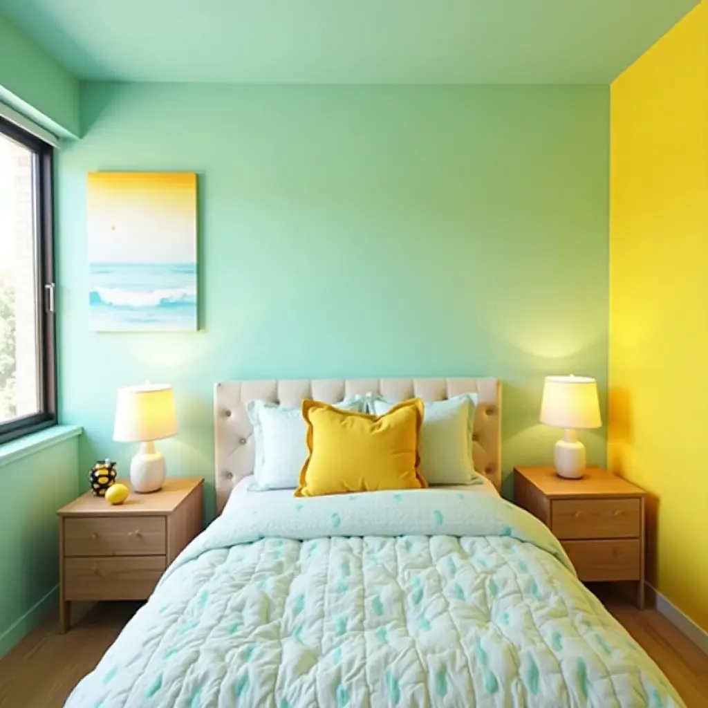 a photo of a lively lemon yellow and aqua color combination for a teen&#x27;s room