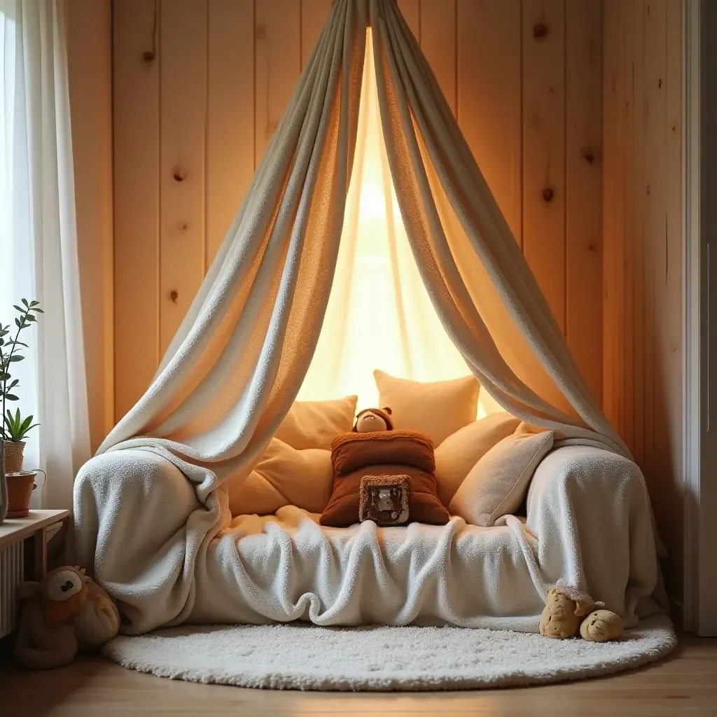 a photo of a reading nook with a cozy blanket fort for kids