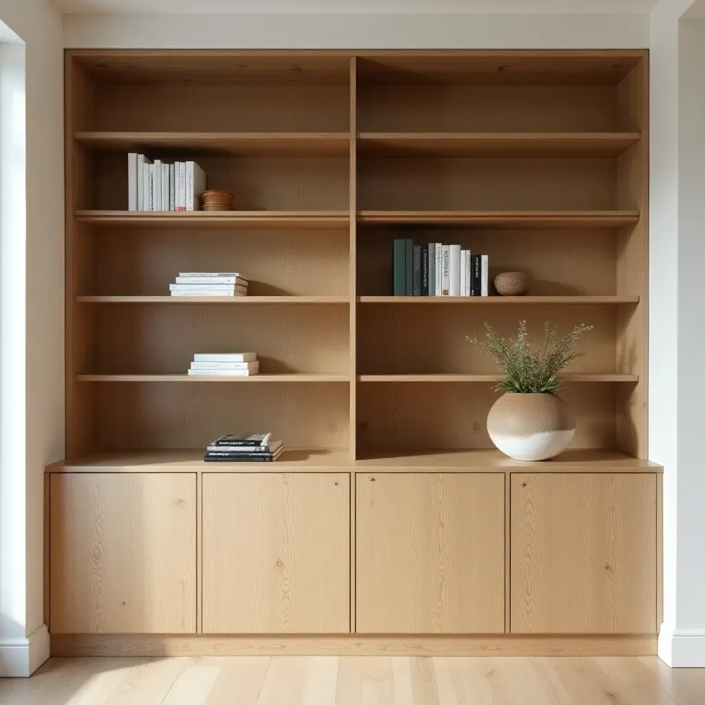 a photo of a minimalist built-in bookcase featuring natural wood finishes